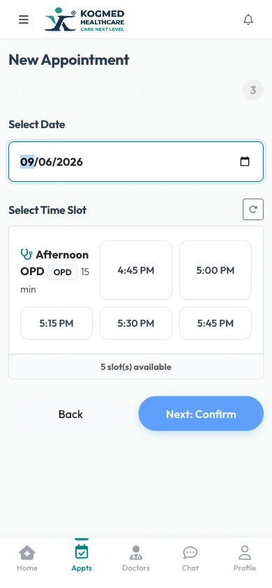 Live Slots Booking Screen